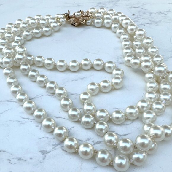 Cultured Pearl Triple Strand Necklace With 10k Gold Flower Clasp, Bridal Jewerlr - Picture 10 of 13